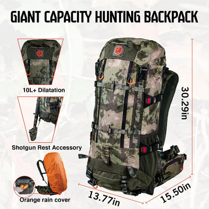TKLoop Hunting Pack for Men – 40L Expandable Tactical Frame Backpack, Meat Hauler, Rifle Holder, Shotgun Rest, Water Resistant, Camouflage