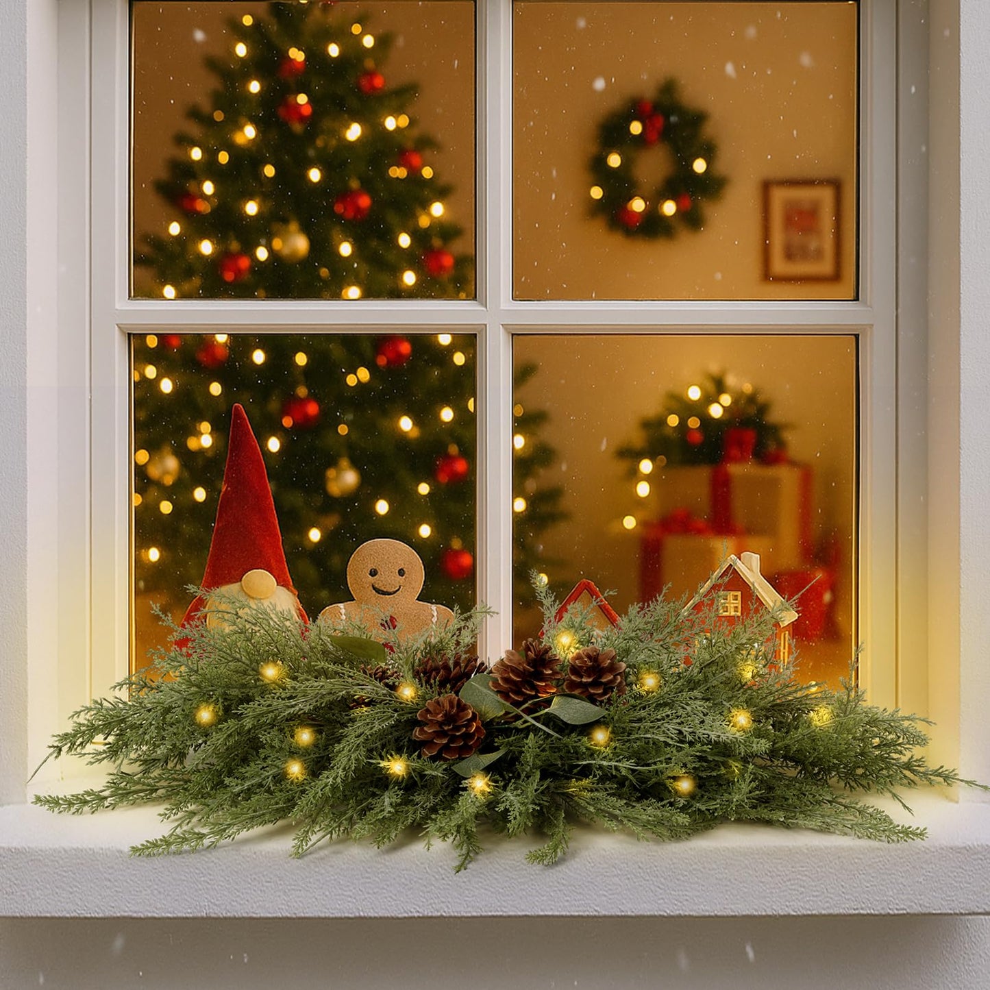 Yalikop 24.5 inch Christmas Swags with Light Artificial Pine Needles Swag Decoration Greenery Christmas Swag for Front Door Window Stair Fireplace Mantle Holiday Xmas Decor (Pine Cone)