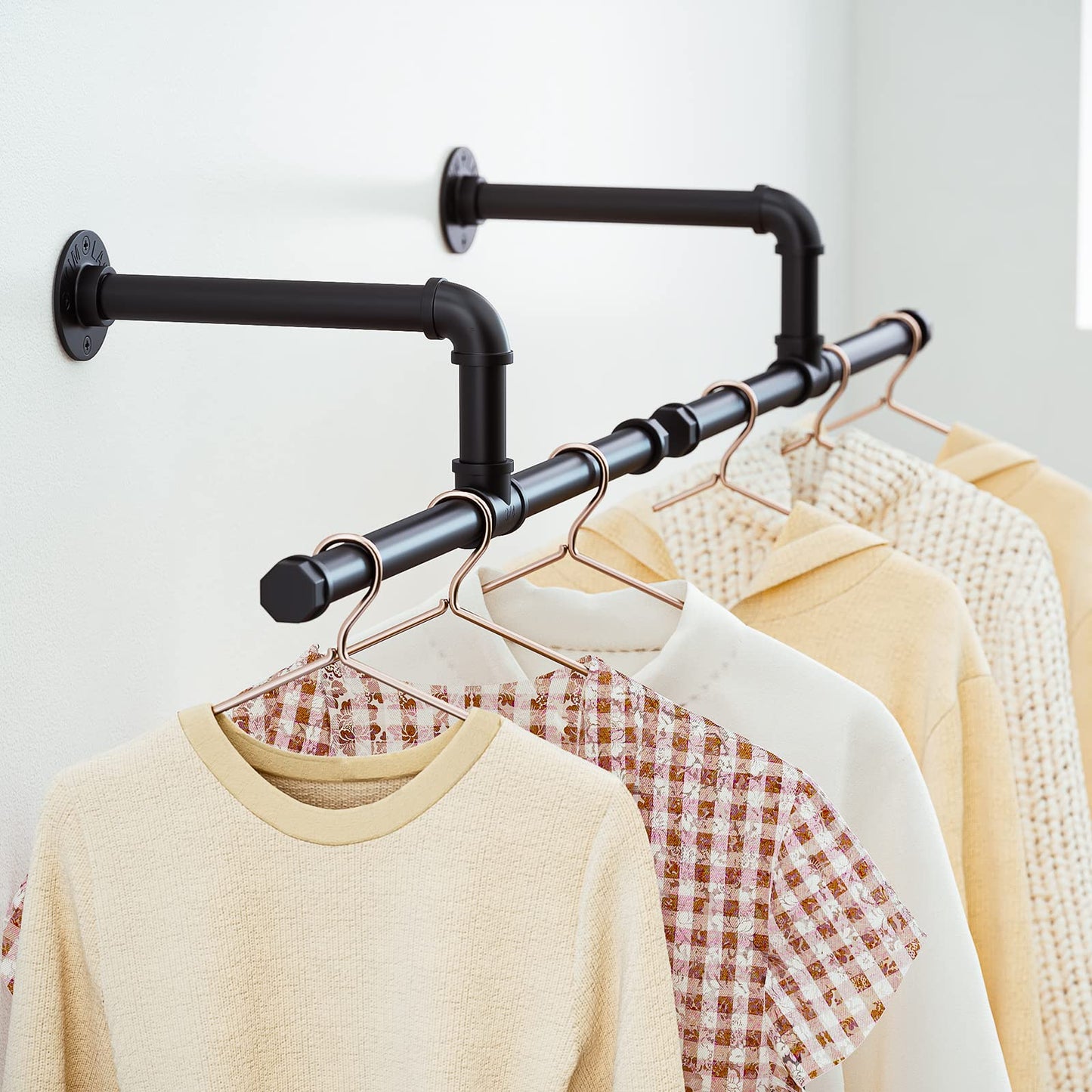 FANHAO Industrial Pipe Clothes Rail, Heavy Duty Rustic Detachable Wall Mounted Clothes Rack Black Iron Garment Bar, Multi-purpose Hanging Rod for Closet Storage, 2 Pack