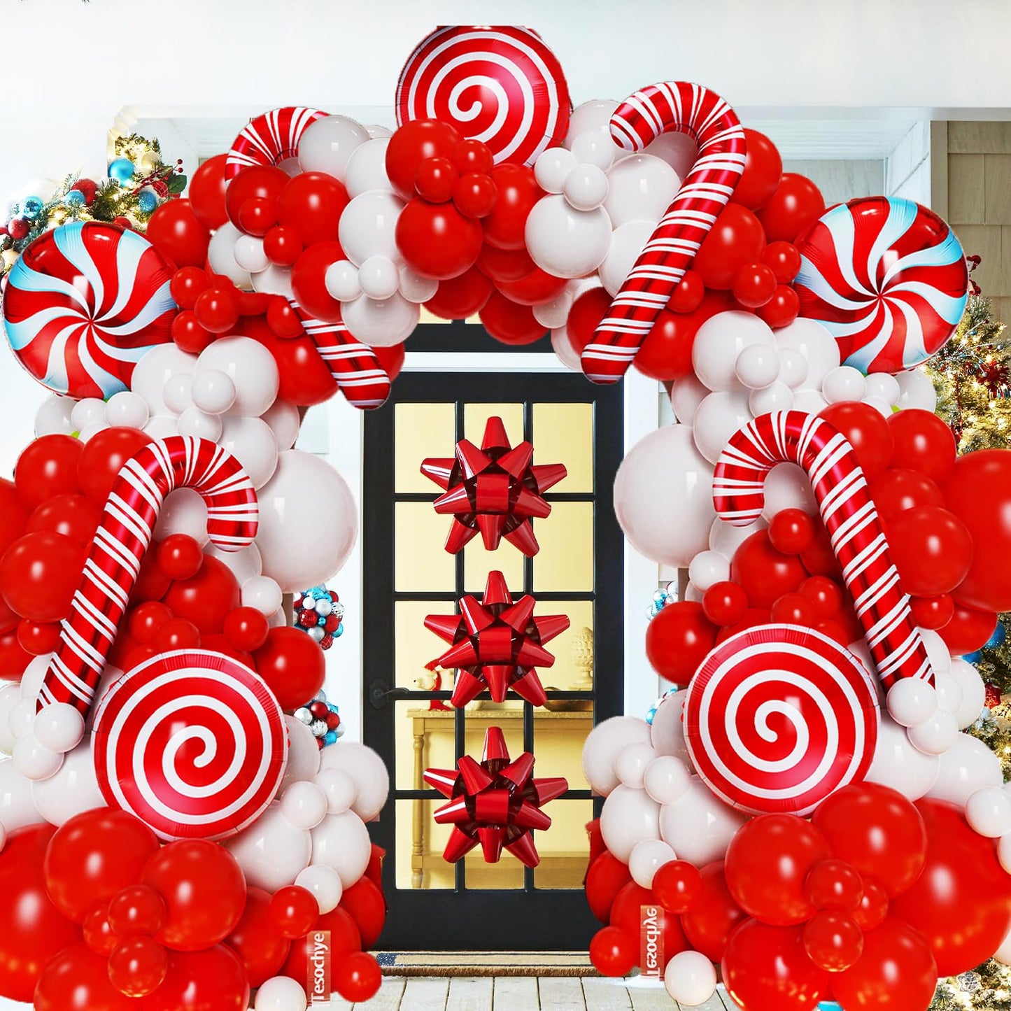 142 Pcs Christmas Balloon Garland Arch Kit with Xmas Red and white Candy Cane foil Balloons, Red White Candy Balloons for Christmas Party Decorations Birthday Supplies