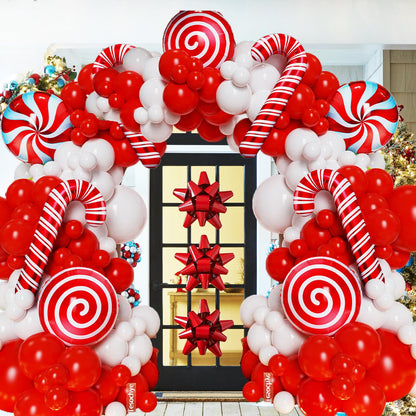 142 Pcs Christmas Balloon Garland Arch Kit with Xmas Red and white Candy Cane foil Balloons, Red White Candy Balloons for Christmas Party Decorations Birthday Supplies