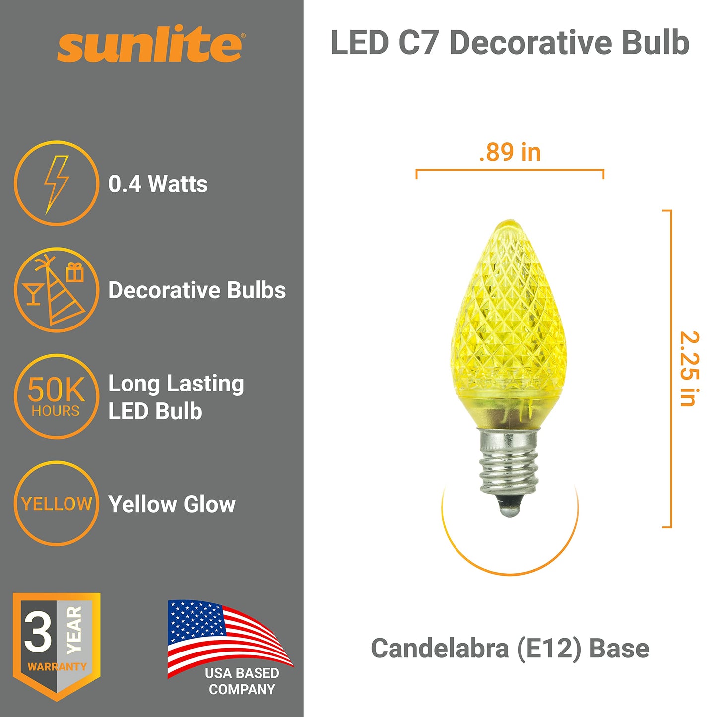 Sunlite 40462 LED C7 Holiday Decorative Light Bulb, 0.4 Watts, E12 Candelabra Base, Faceted Christmas-Lights; Nightlight, Yellow