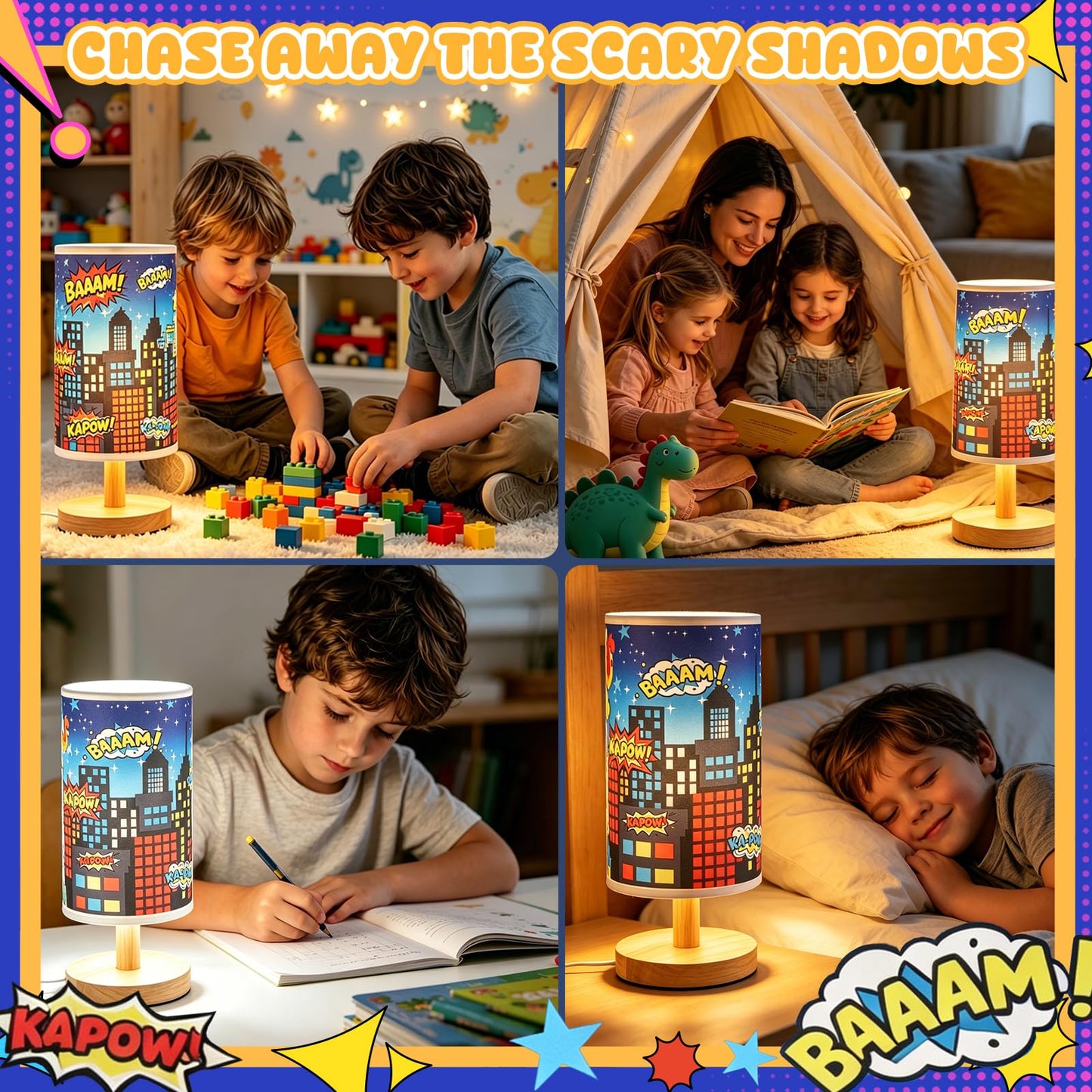 LuckyDAFei City Table Lamp for Kids Bedroom, 3-Way Dimmable Bedside Lamp with Wooden Base and Fabric Shade, Comic Book Night Light for Boys Room Decor, Cartoon Skyline Lamp for Nursery Playroom