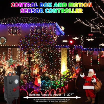 Music Motion Sensor Christmas String Lights 105ft 300 LED，Multicolour Christmas Tree Lights，End-to-End Plug In 6 Modes Christmas Lights, Waterproof for Indoor Outdoor Tree Party Yard Room Decor