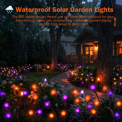 Sukesou Halloween Firefly Solar Lights, 2 Pack 6 LED Orange Purple Swaying Pathway Lights, IP65 Waterproof Auto Dusk to Dawn Outdoor Landscape Lights for Yard Patio Lawn Party Decor