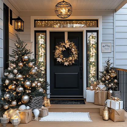 6ft White and Gold Christmas Garland with 25 LED Lights with Timer, prelit champgn Gold Garland with Magnolia and Plenty Ornament,Festive Lighted Decor for Front Door, Mantel, Stair & Fireplace