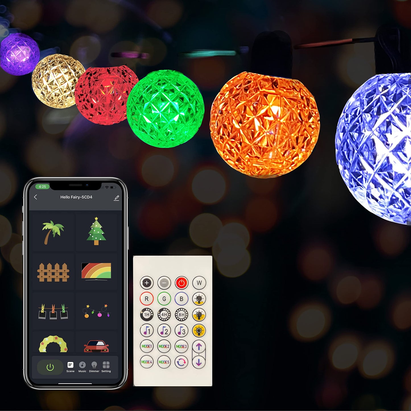 Solatec Led Smart String Lights, Shatterproof 25 RGBW Bulbs Color Changing IP65 Waterproof Light App Control with DIY Color Scenes, Music Modes, Bluetooth 21.2ft Globe Lights for Backyard Porch