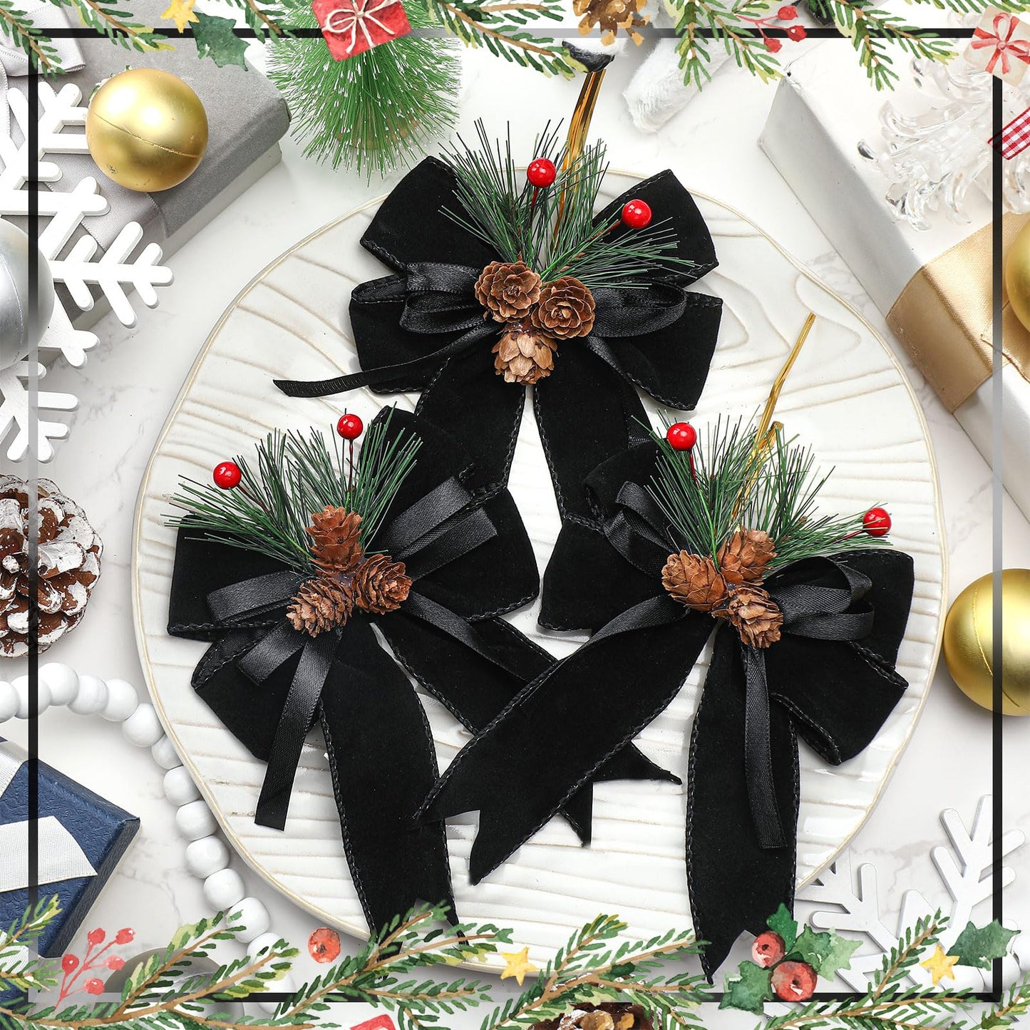 Syhood 6 Pcs Christmas Bows with Pine Cones Pine Needles Black Xmas Velvet Bows Elegant Ribbon Christmas Tree Wreath Decoration for Xmas Parties Indoor Outdoor Crafts DIY Decor