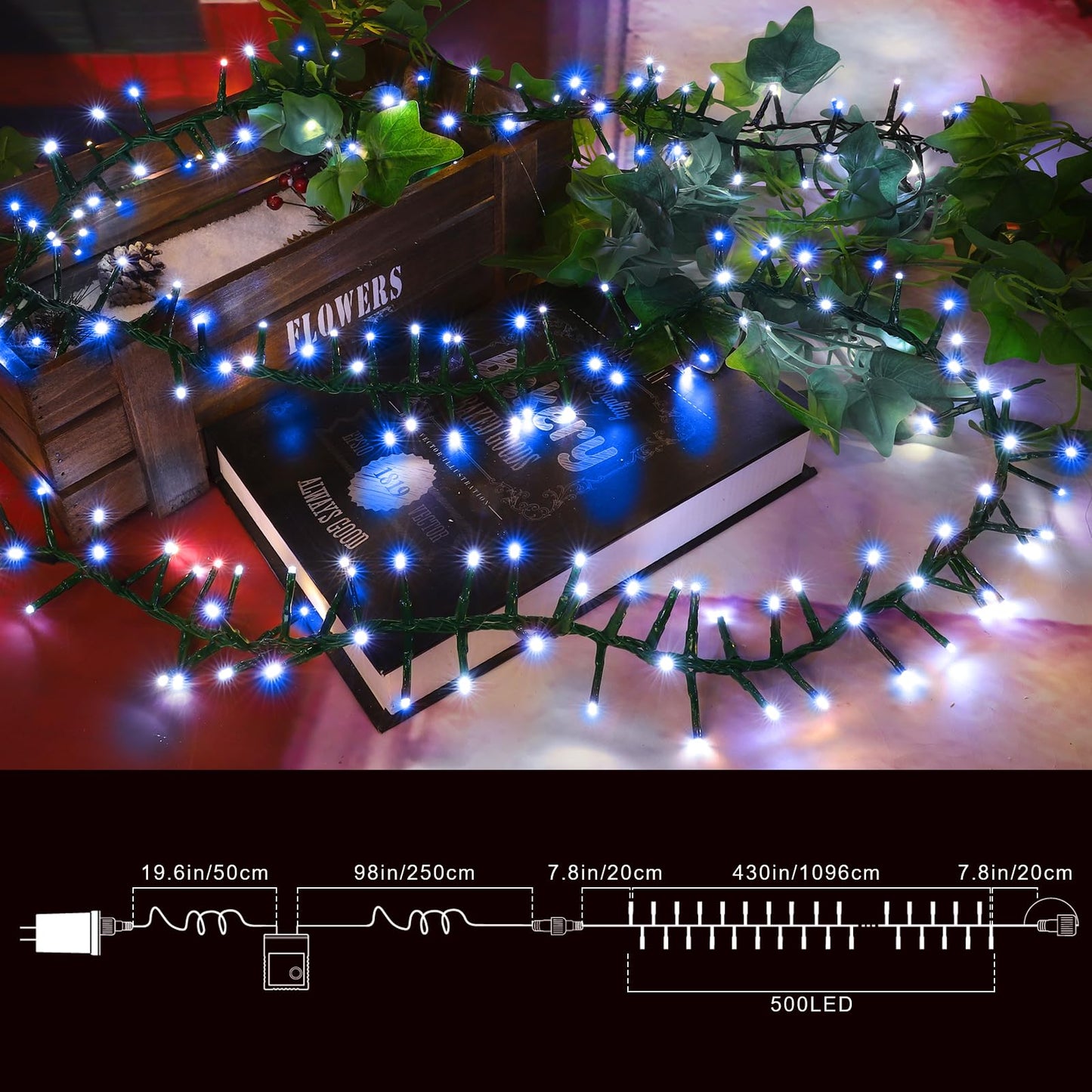 LAMPHOME 500 LED Blue White String Lights, 46ft 16 Modes Plug in Twinkle Fairy Lights, Waterproof Blue LED Christmas Lights Outdoor for Christmas Tree Bedroom Party Wedding Decor