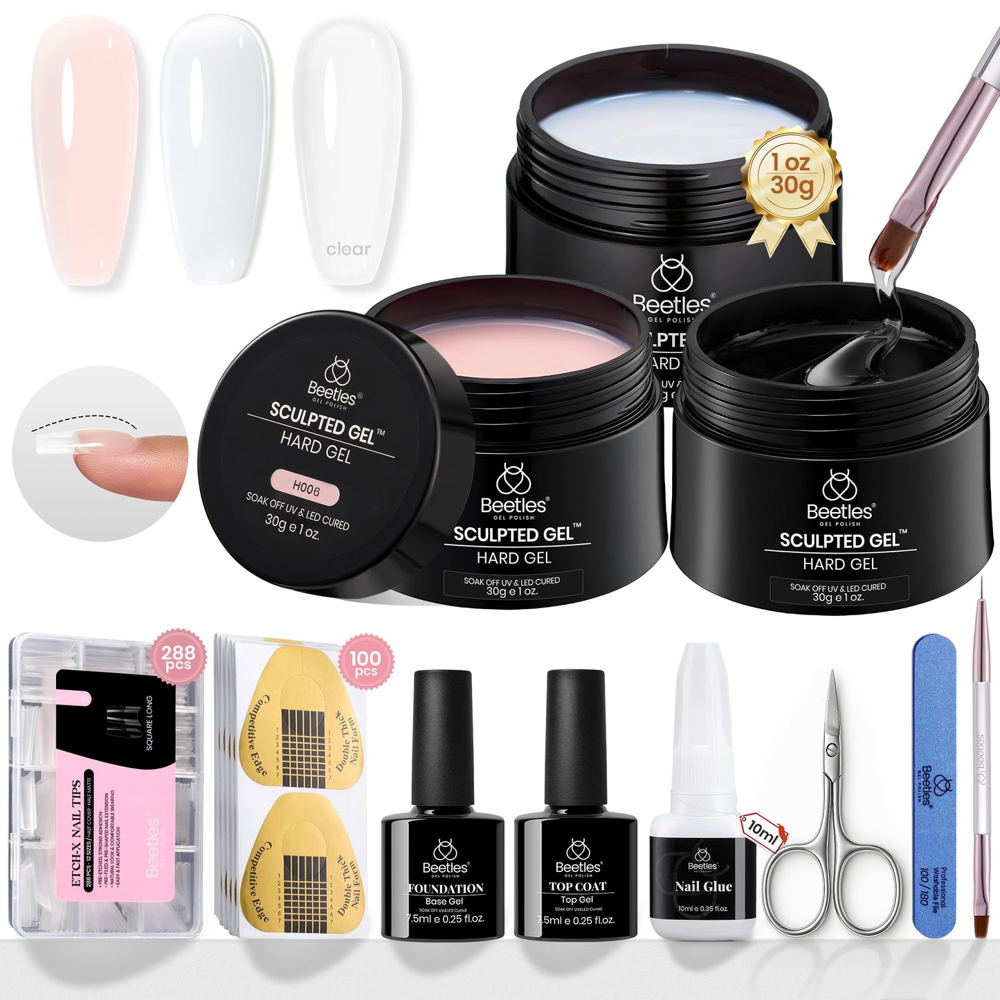 Beetles Builder Gel for Nails-3 Colors 9 in 1 Nail Extension Sculpting Building Clear Nude Pink Hard Gel Kit with Base Top Coat for Pros Women,UV & LED Lamp Cured Needed