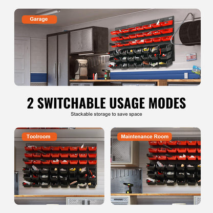 VEVOR 48-Bin Wall Mounted Storage Bins Parts Rack Organizer Garage Shop Tool Organizer for Screws, Nuts, Bolts, Nails, Beads, and Small Hardware Parts, With Wall Panels