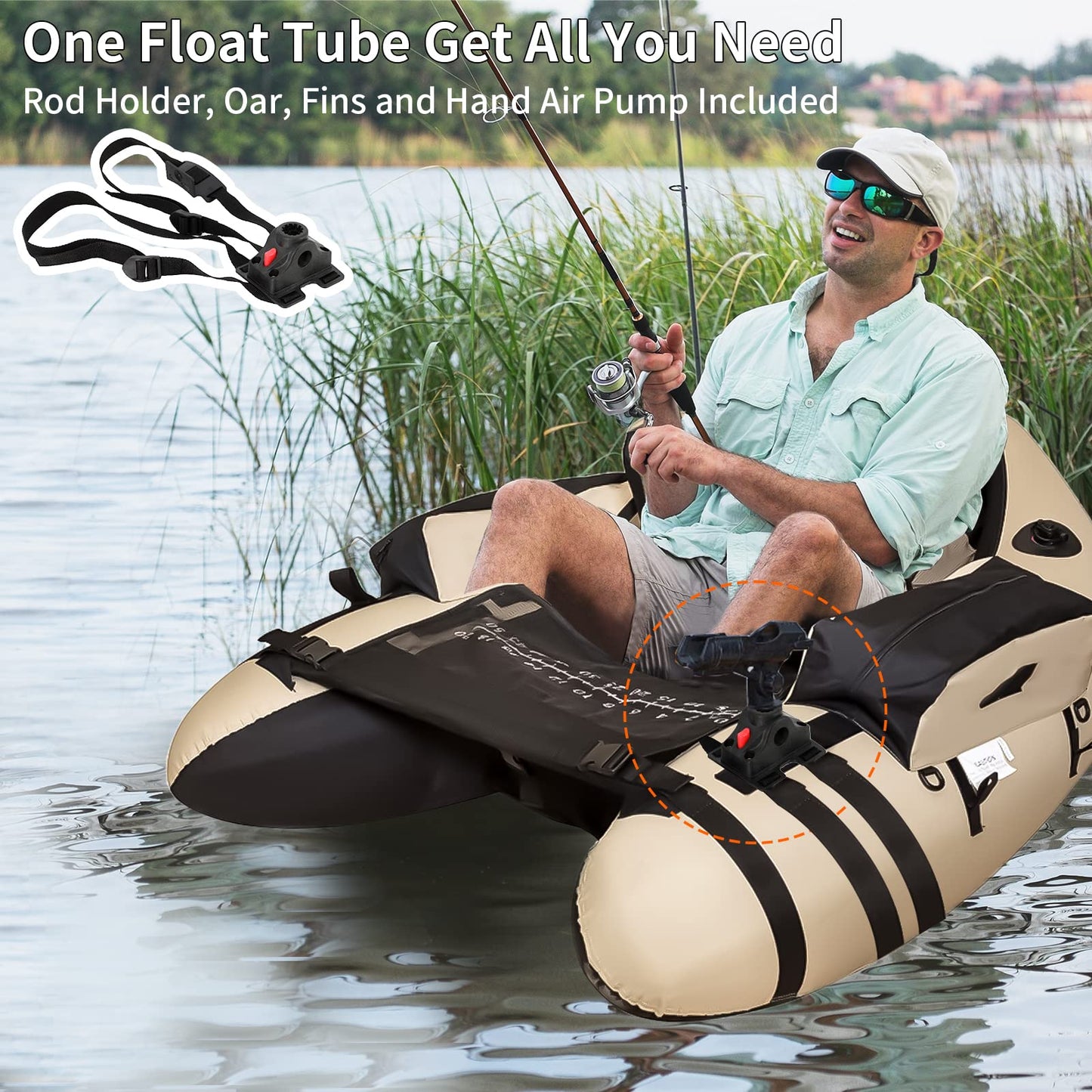 Xproutdoor Fishing Float Tube with Adjustable Backpack Straps, Storage Pockets, Fish Ruler, Fly Fishing Boat with Pump, Oar, Rod Holder and Mount, Fins, 350LBS Load Bearing Capacity, FT003,Khaki