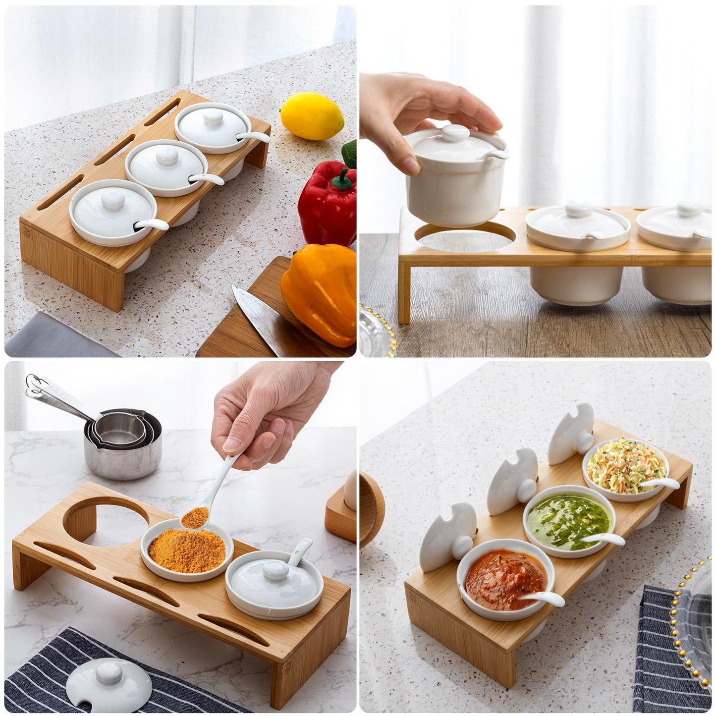 MyGift 10 Pcs Sauce Serving Dish, Hosting Party Essentials Host Gift, 3 Ceramic Ramekin Chip Dip Bowls with Lids & Spoons, Premium Bamboo Server Tray, Condiment Pot Entertaining
