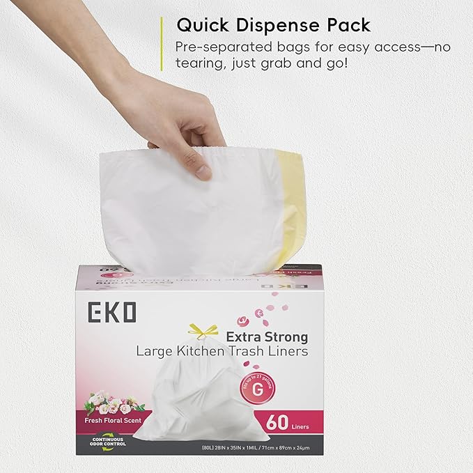 EKO 21 Gallon / 50-90 Liter, Extra-Strong Garbage Bags, Fresh Floral Scent