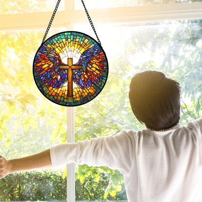 DASTOLL Stained Glass Window Hanging - Jesus Cross Wings Suncatcher Ready to Hang Window Doors Home Decoration and Christmas, Mother's Day Birthday Gifts for Women, Men, and Mom 7.8x7.8 in