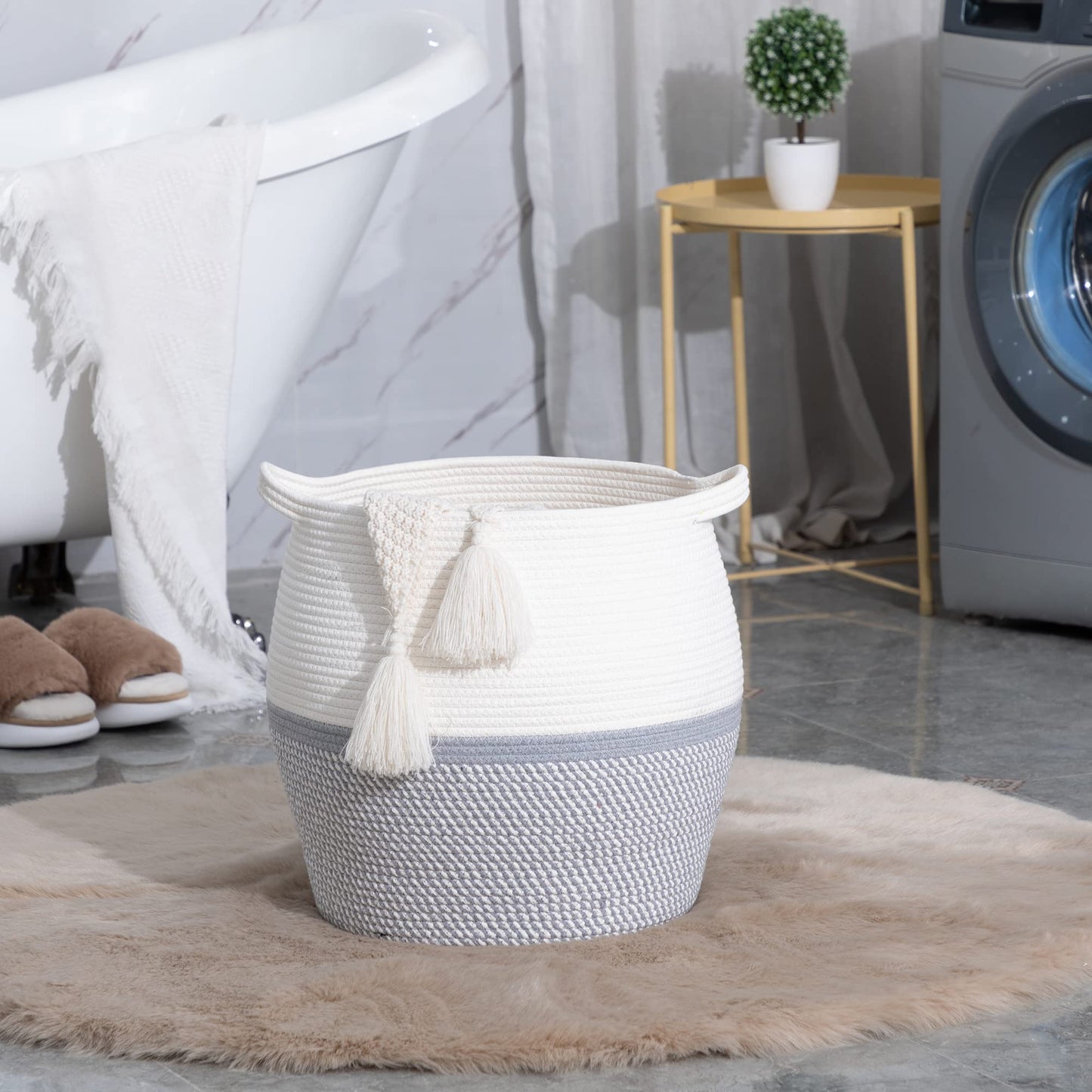 KAKAMAY Woven Baskets for Storage(17"x17"),Large Cotton Rope Woven Baby Laundry Hamper,Collapsible Laundry Basket, Blanket Basket for Organizing Living Room,Nursery,Pillows,Toy Chest(Grey)