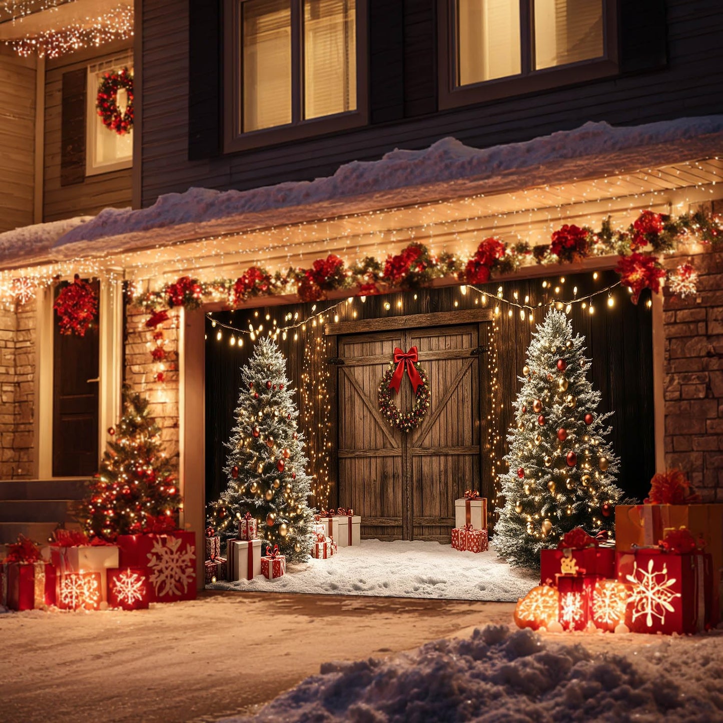 HOMETITUTE Christmas Garage Door Banner 13x6ft Wooden Wall Style Holiday Decoration with Xmas Trees Gift Boxes Snowflakes Hanging Lights andfor Outdoor Yard or Wall Backdrop