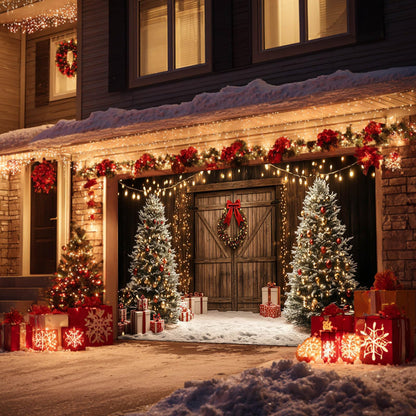 HOMETITUTE Christmas Garage Door Banner 13x6ft Wooden Wall Style Holiday Decoration with Xmas Trees Gift Boxes Snowflakes Hanging Lights andfor Outdoor Yard or Wall Backdrop
