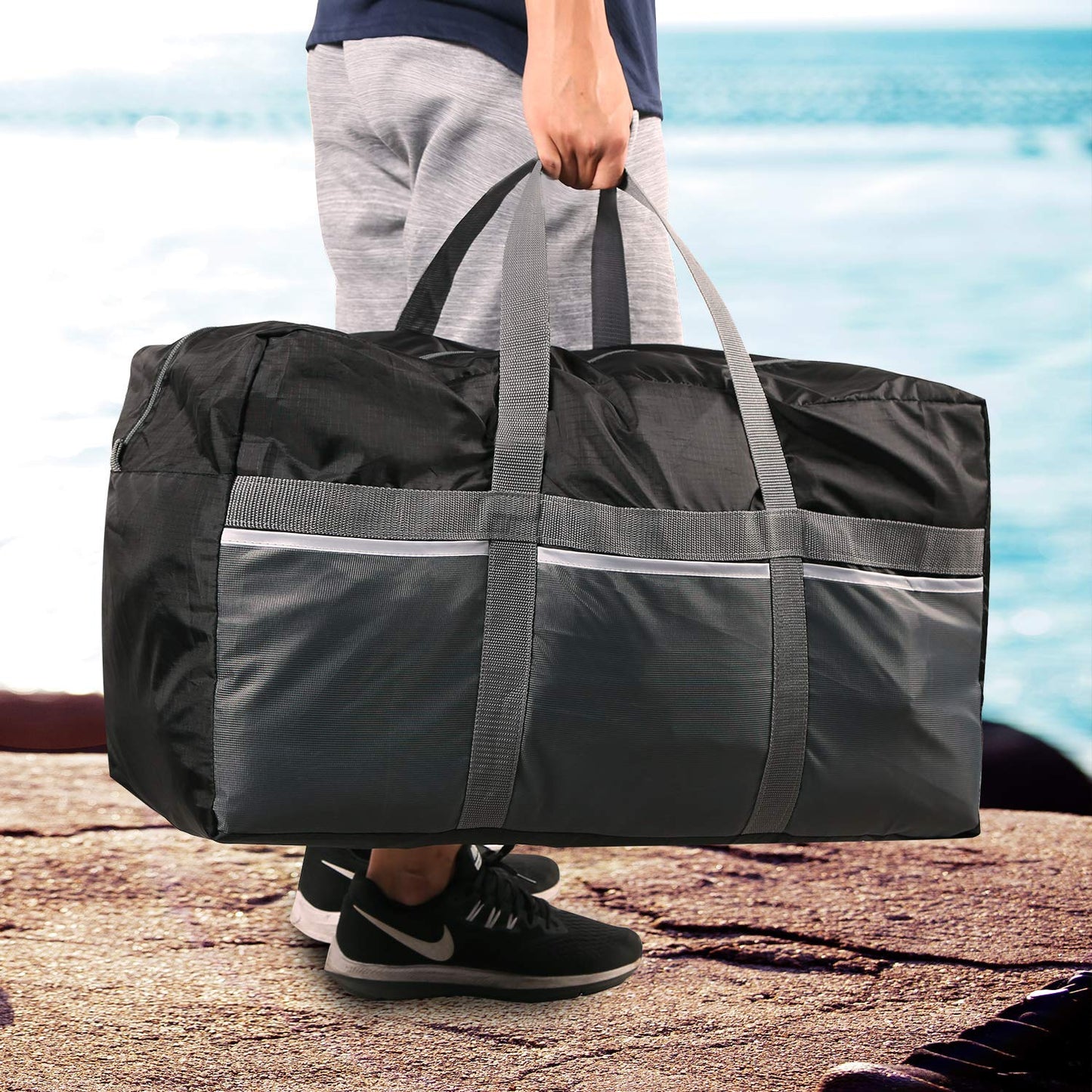 REDCAMP Foldable Travel Bag, 96L Extra Large Sports Bag, Packable Duffle Bag, Lightweight Waterproof Duffel Holdall Bag, Black