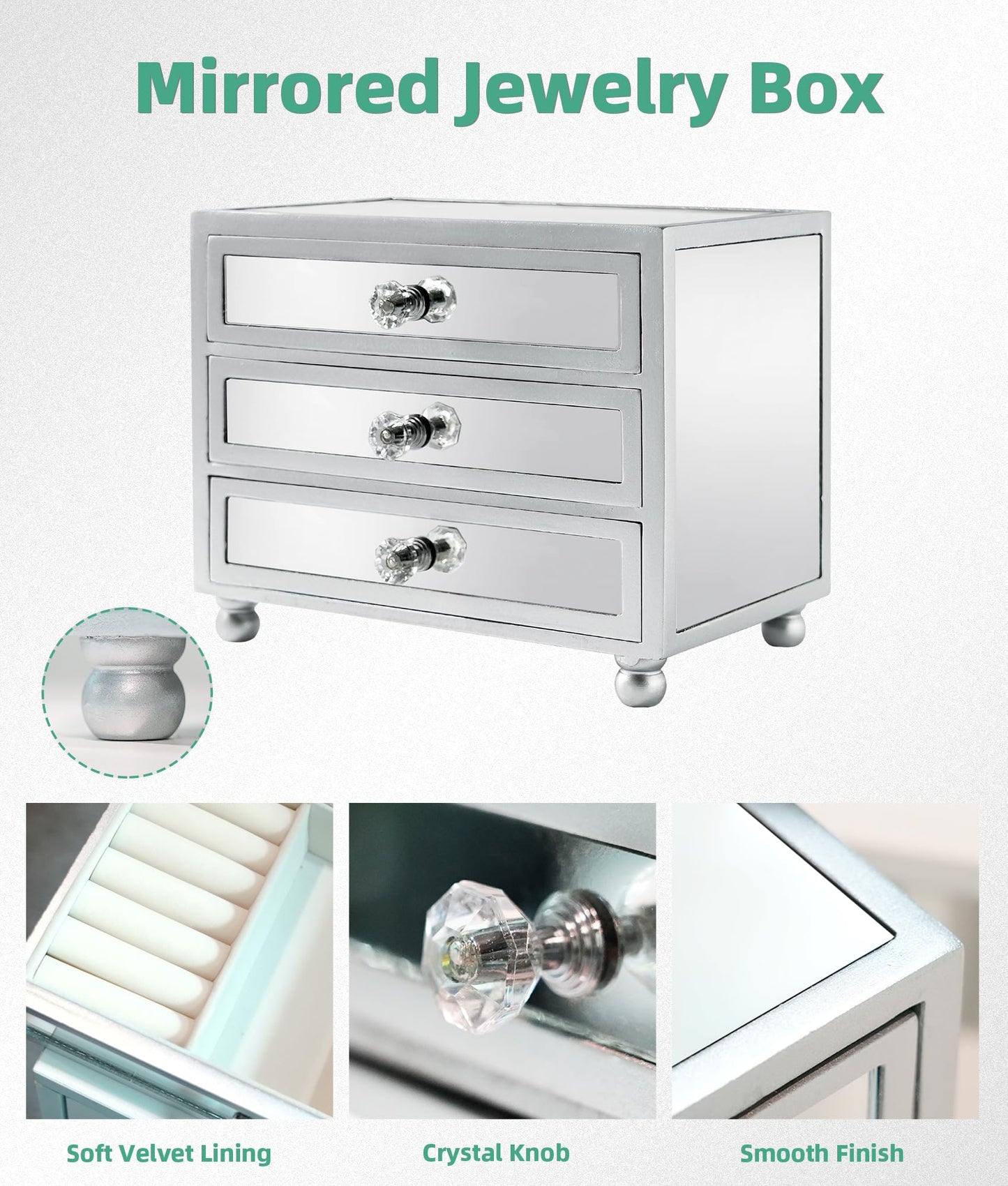 Gifturbo 3 Layer Mirrored Glass Jewelry Box, Large Capacity Women's Storage Box with Velvet Interior and Crystal Handle