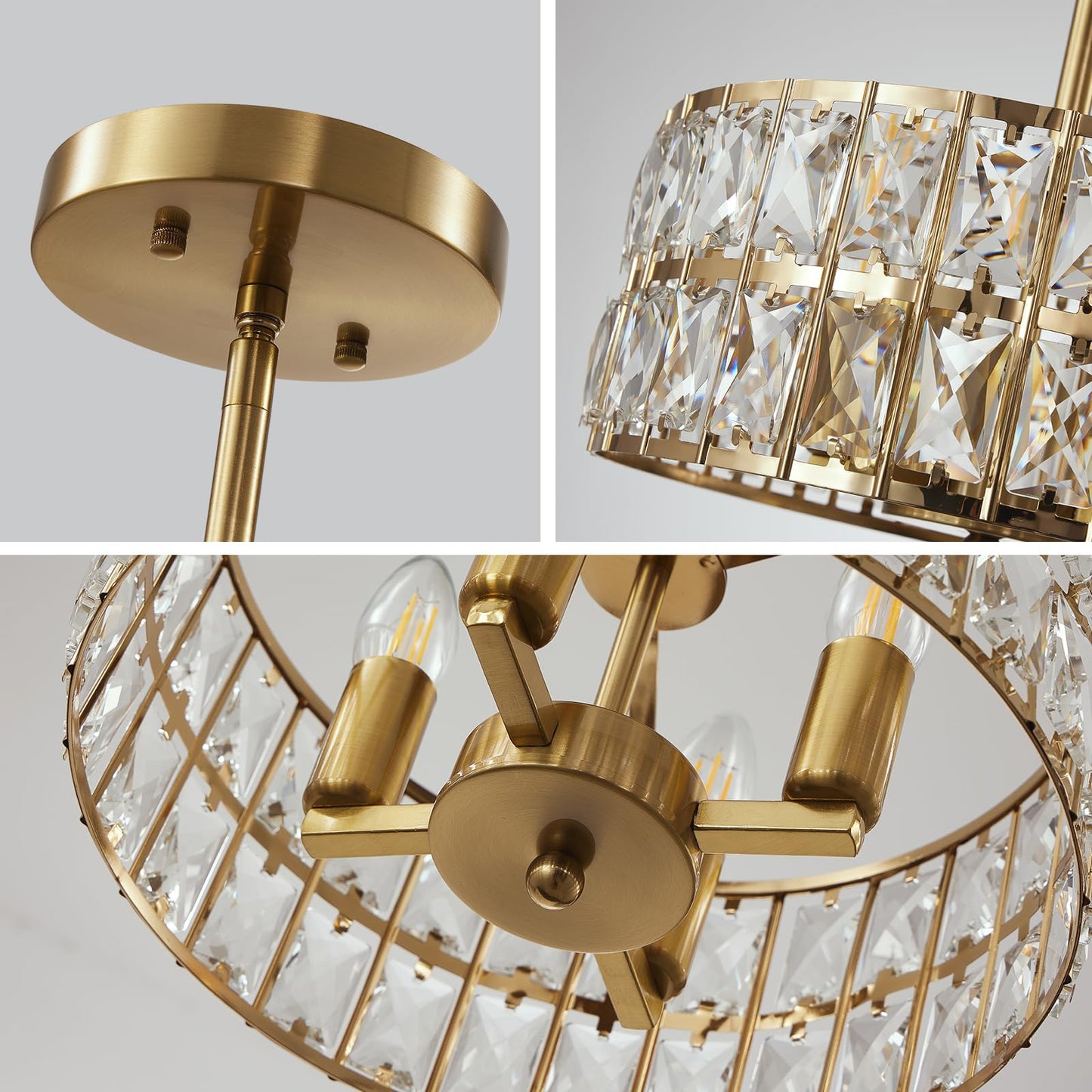 SeeU Modern Crystal Ceiling Light Fixture Brass Semi Flush Mount Ceiling Light Chandelier 4 Heads Crystal Chandelier