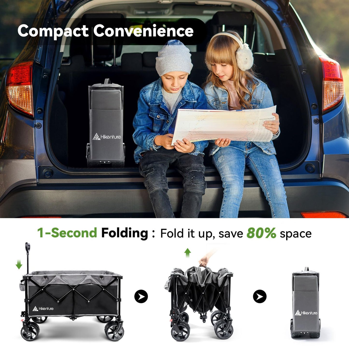 Hikenture Collapsible Wagon Cart, 330lbs Capacity Beach Wagons with Big Wheels for Sand, Heavy Duty Foldable Cart with Brakes, Portable Utility Folding Garden Cart for Outdoor