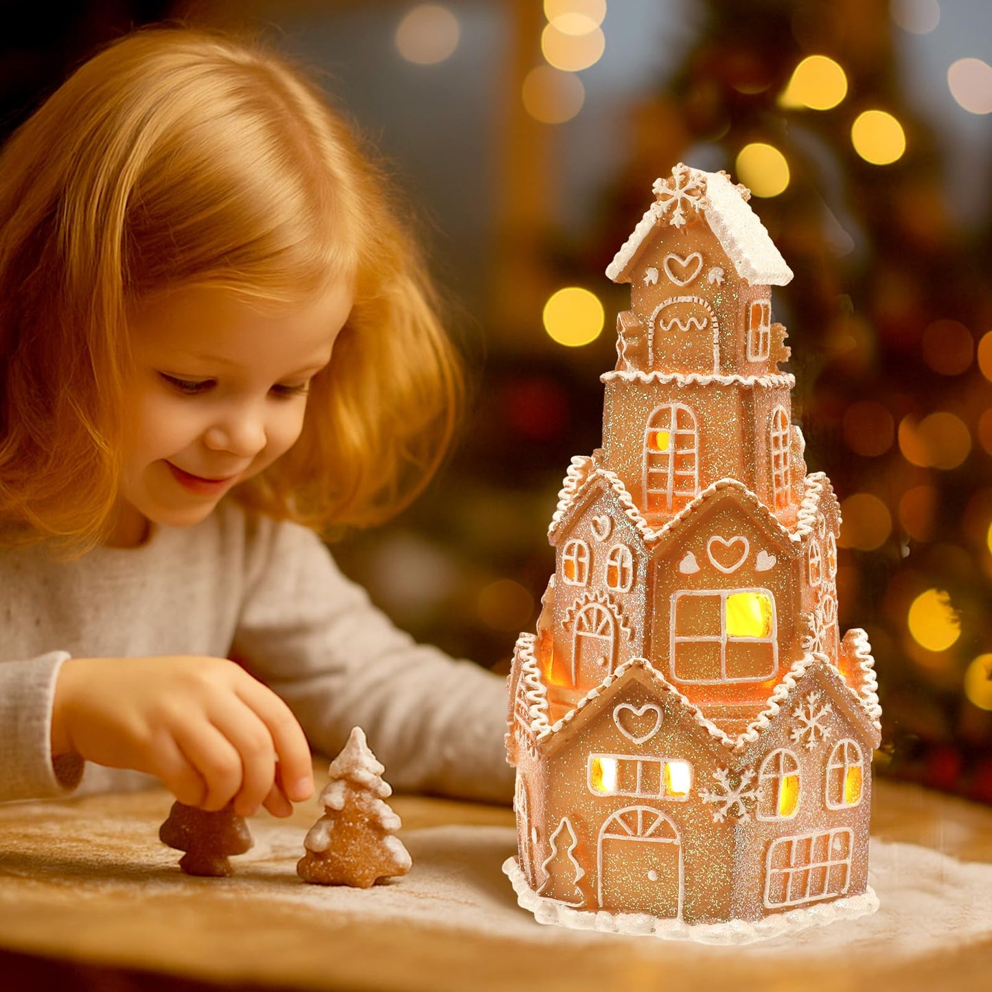 Beeveer LED Christmas Gingerbread House Decoration Resin Christmas Gingerbread Village Sets Xmas Village Collectible Figurines Home Decor Gifts 5 x 5 x 8.25 Inch