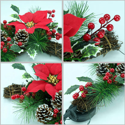 YULETIME 36" Christmas Cross Stake, Solar Powered with 15 Fairy Lights, Metal Cross, Natural Rattan, Red Poinsettia & Berries, Pine Cones, Pine Needles (Red)