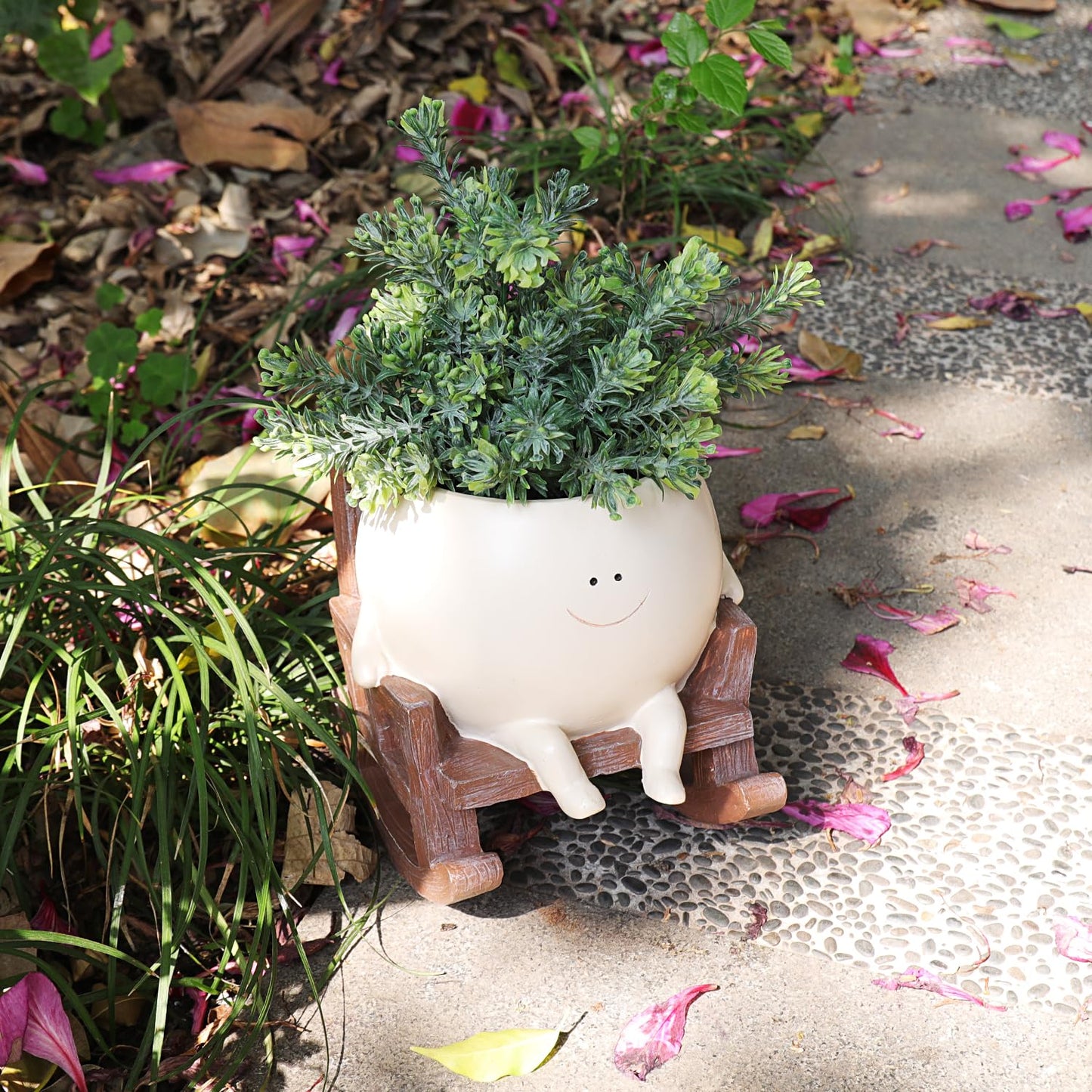 Songgang Smily Face Planter Pot Cute Resin Flower Head Planters for Indoor Outdoor Unique Sit Rocking Chair Succulent Pots Father Mother Gift and Appreciation Christmas with Drainage Hole (Large)