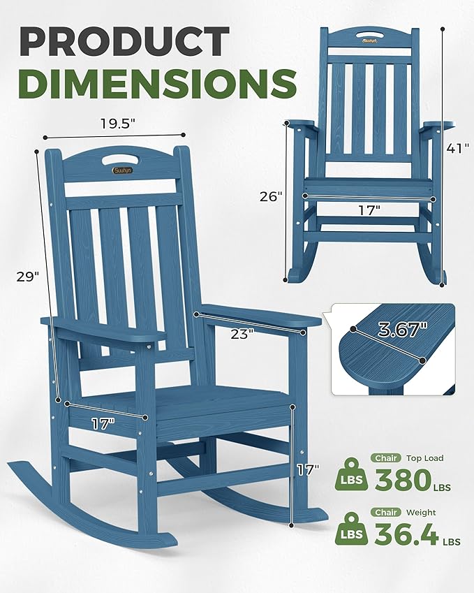 Oversized Rocking Chair Outdoor, High Back Porch Rocker Chair, HDPE All Weather Resistant Rocking Chairs for Patio, 380lbs Weight Capacity, Navy Blue