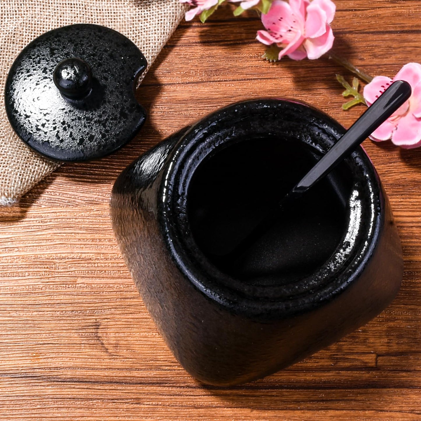 BOSILI Japanese Black Sugar Bowls with Lid Ceramic Salt Container with Stainless Steel Spoon for Sugar Pepper Spices