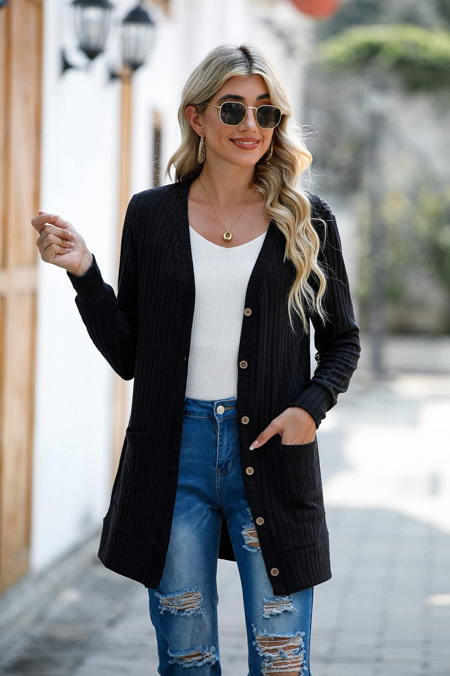 GRECERELLE Womens Cardigan Long Sleeve Open Front Cardigans Button Down V Neck Ribbed Knit Lightweight Outerwear with Pocket (Black, L)