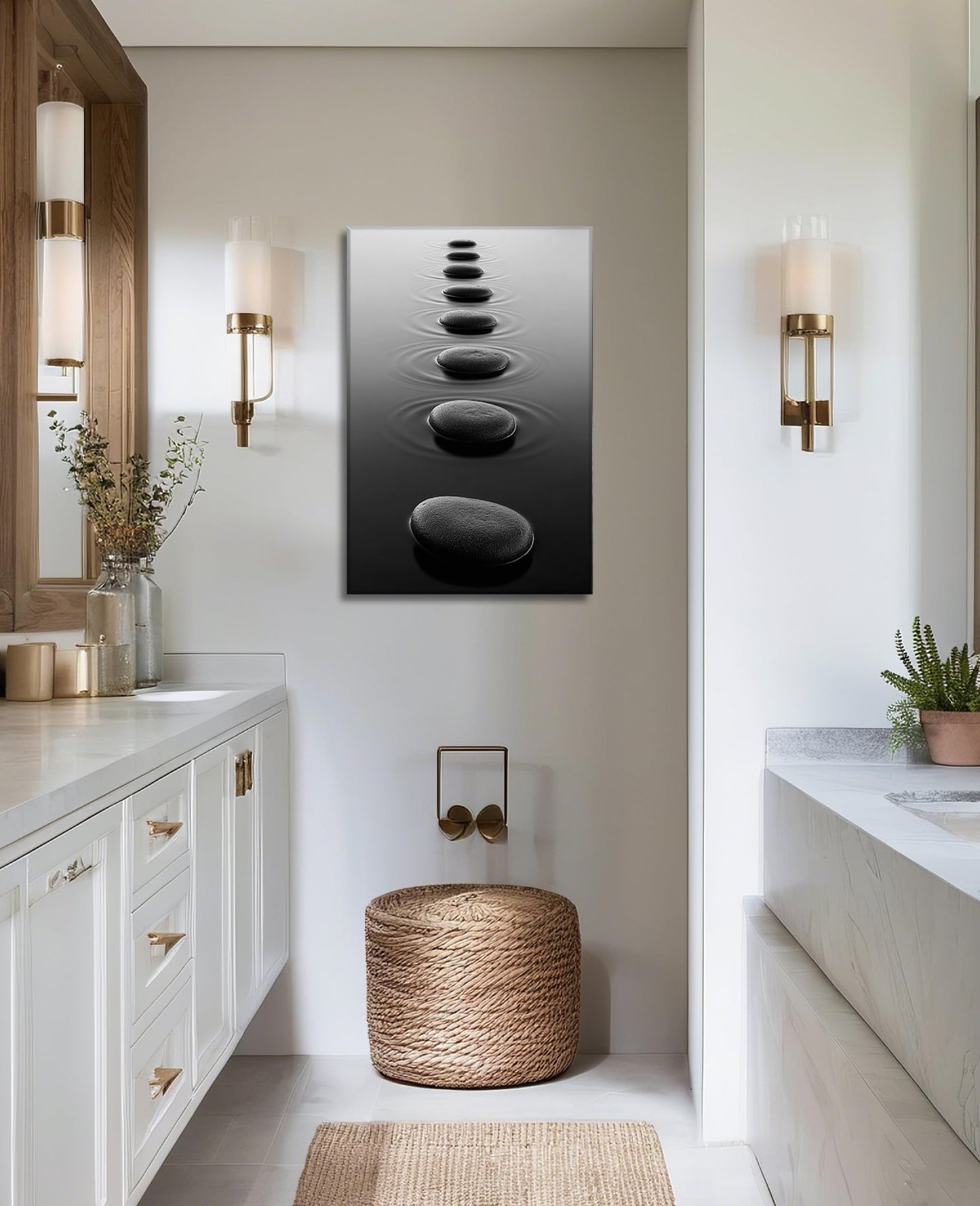LYUNSHUO Zen Wall Art Bathroom Decor Black and White Canvas Prints Spa Stones on Water Picture Peaceful Scenery Artwork for Home Decor Frmaed(Zen-3,12.00"x18.00")