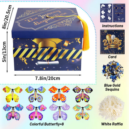Prewplam 2026 Flying Butterfly Surprise Box, Graduation Gift Boxes with 8 Pcs Flying Butterfly, Explosion Graduation Gift Box High School College Graduation Party Favors - Blue and Gold