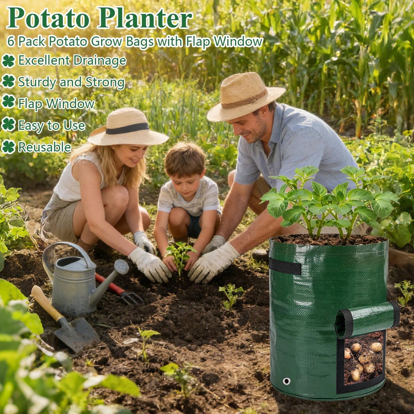 cyrico Potato Grow Bags, 10 Gallon 6 Pack Grow Bags for Potatoes with Flap Harvest Window and Handles, Sturdy PE Fabric Pots Potato Planter Garden Planting Bags for Onion Fruits Tomato Vegetables