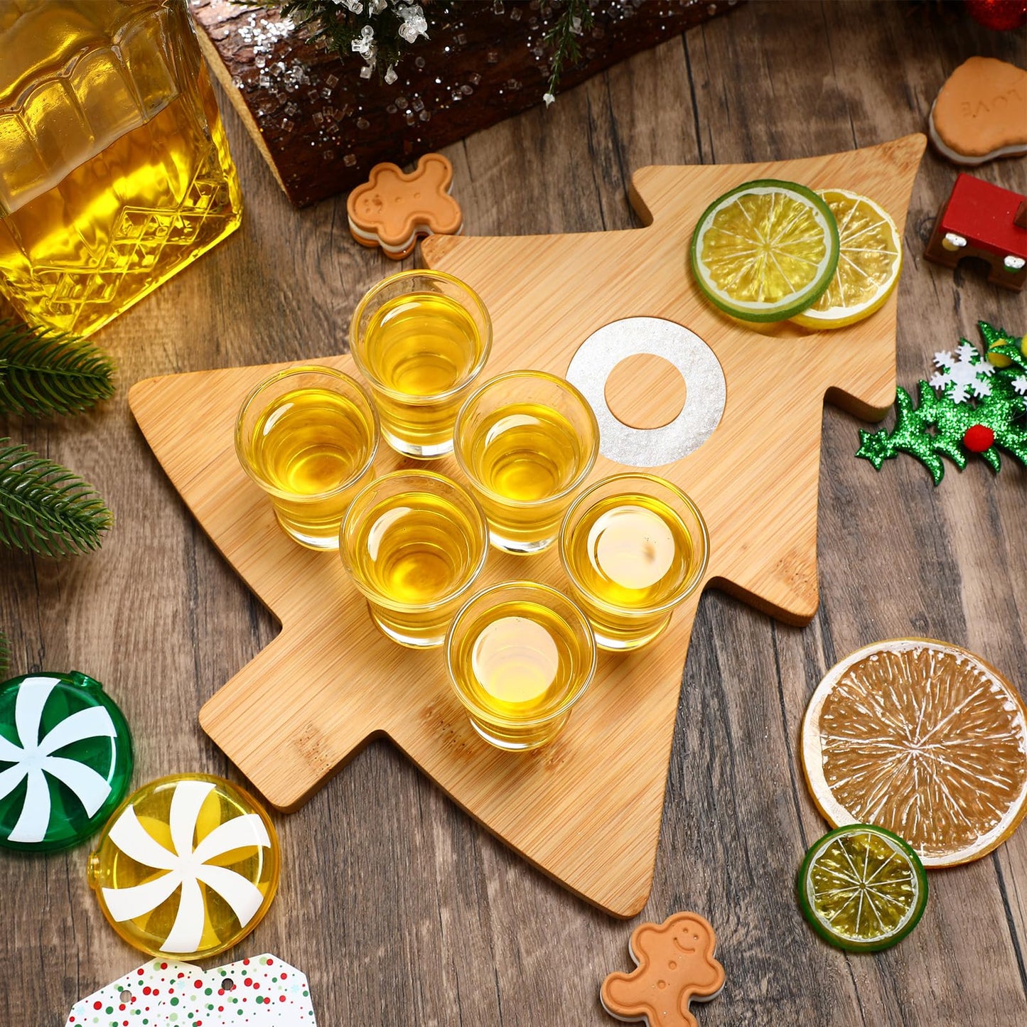 Funnymoom Christmas Tree Mexican Tequila Shot Board with Glasses Set Christmas Wooden Serving Tray with 6 Shot Glasses and Salt Lemon Rim Mexican Tequila Gifts for Xmas Holiday Liquor Party
