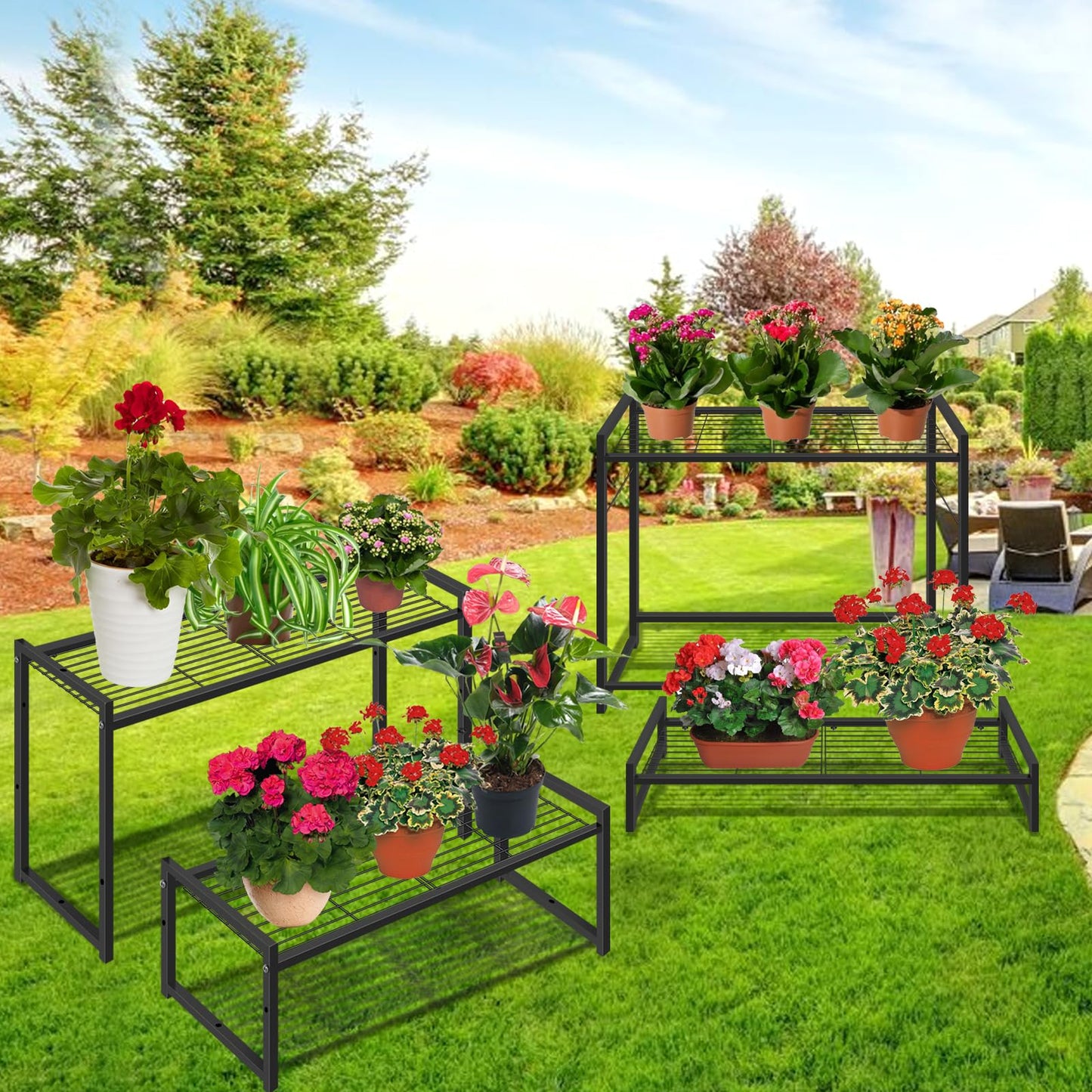 Meyoppm 4 Tier Metal Plant Stand Indoor Outdoor, Ladder Flower Pot Holder Plant Stands, Stackable Heavy Duty Tall Plant Shelf Flower Pot Holder for Garden, Display Rack