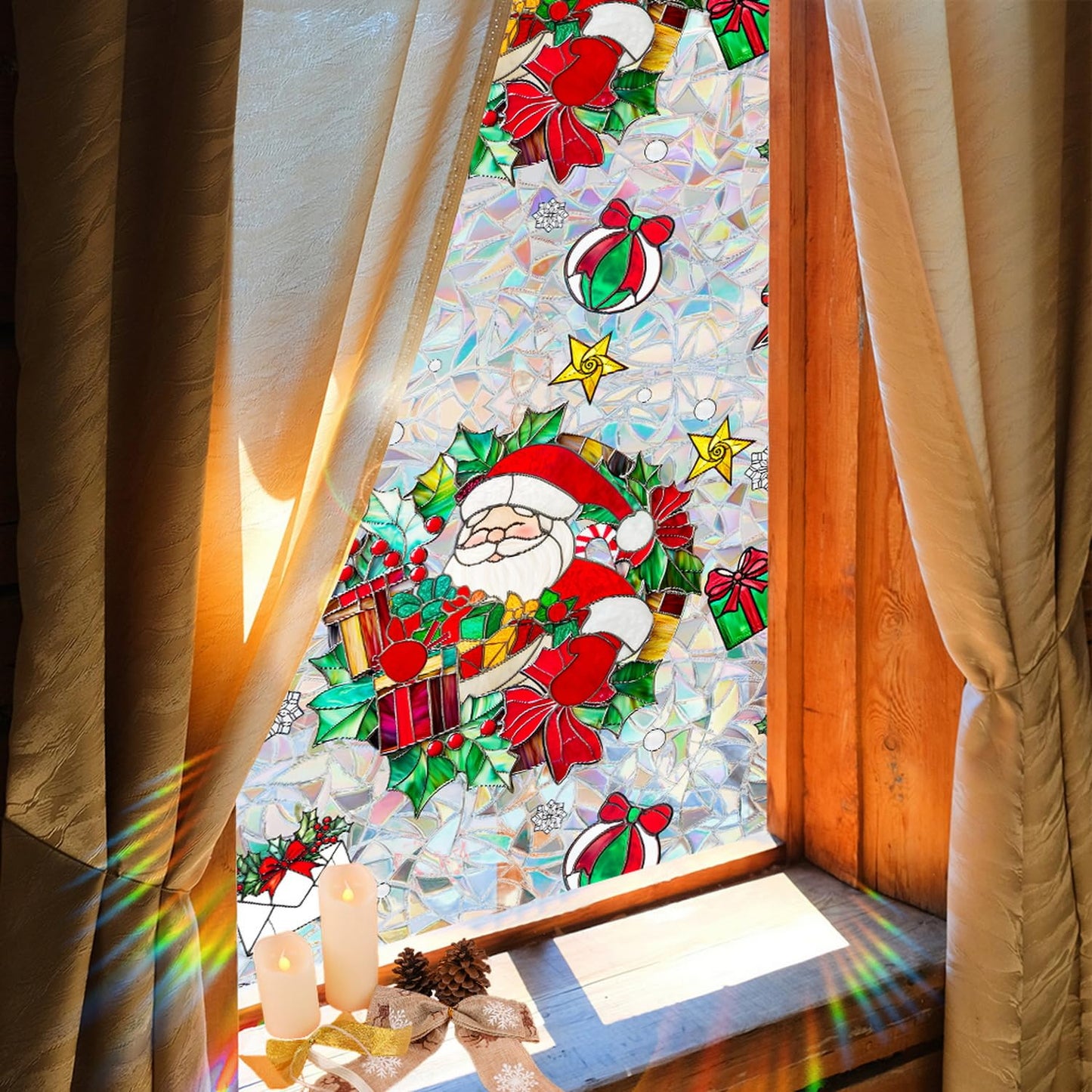 Christmas Window Stickers for Glass Rainbow Privacy Film Stained Stickers Santa Claus Window Film Christmas Balls Design Windows Decals for Home Party Supplies Glass Display Decor 17x 39.3 Inch