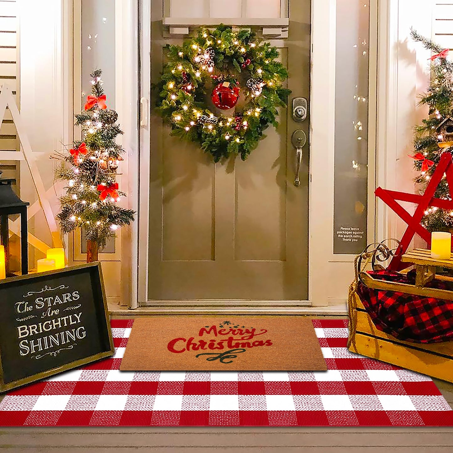 Christmas Red and White Plaid Rug, 3' x 5' Cotton Hand-Woven Layered Door Mat for Front Porch, Entryway, Outdoor Holiday Decor, Washable Buffalo Check Rug for Home, Patio, Kitchen