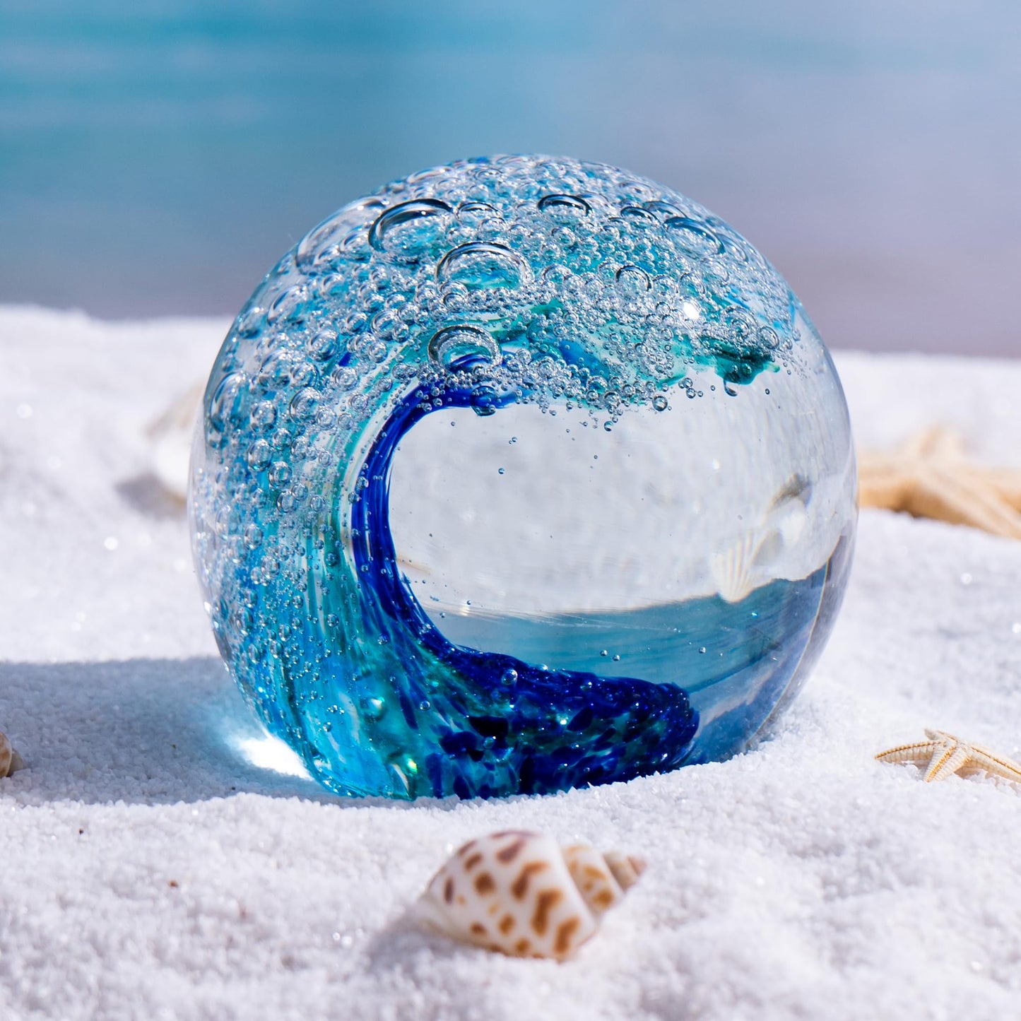 QIANCHANG 3.15" Ocean Wave Art Glass Paperweight, Hand Blown Glass Figurines Collectibles, Ocean Waves Decor Coastal Beach Themed Gifts