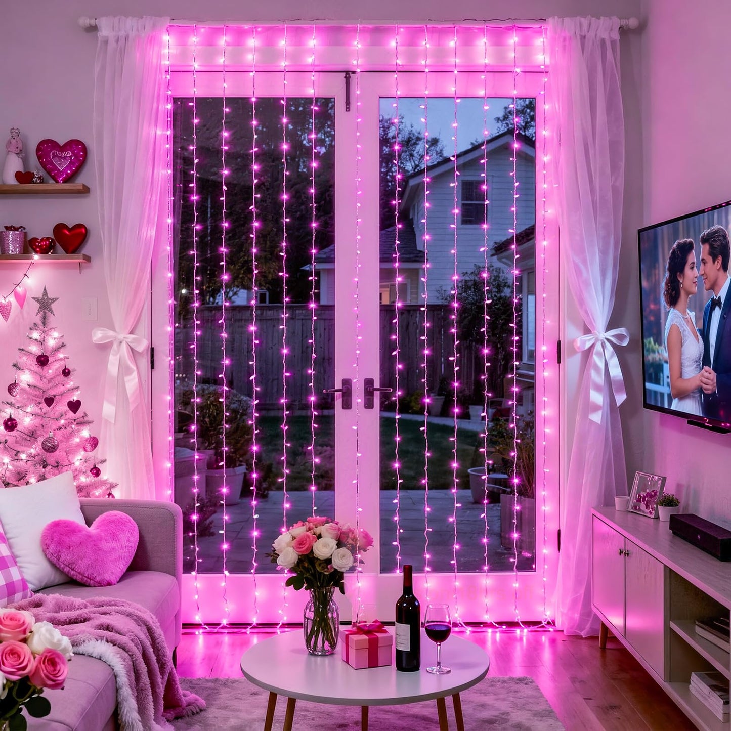 JMEXSUSS 300 LED Curtain Lights Plug in with Remote, Pink String Lights for Bedroom, Christmas, Window, Wall, Party, Teen, Girls' Room, Dorm, Valentine's Day Indoor Outdoor Decor, 9.8X9.8ft