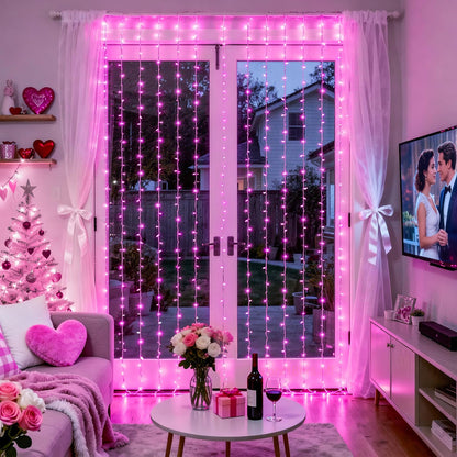 JMEXSUSS 300 LED Curtain Lights Plug in with Remote, Pink String Lights for Bedroom, Christmas, Window, Wall, Party, Teen, Girls' Room, Dorm, Valentine's Day Indoor Outdoor Decor, 9.8X9.8ft