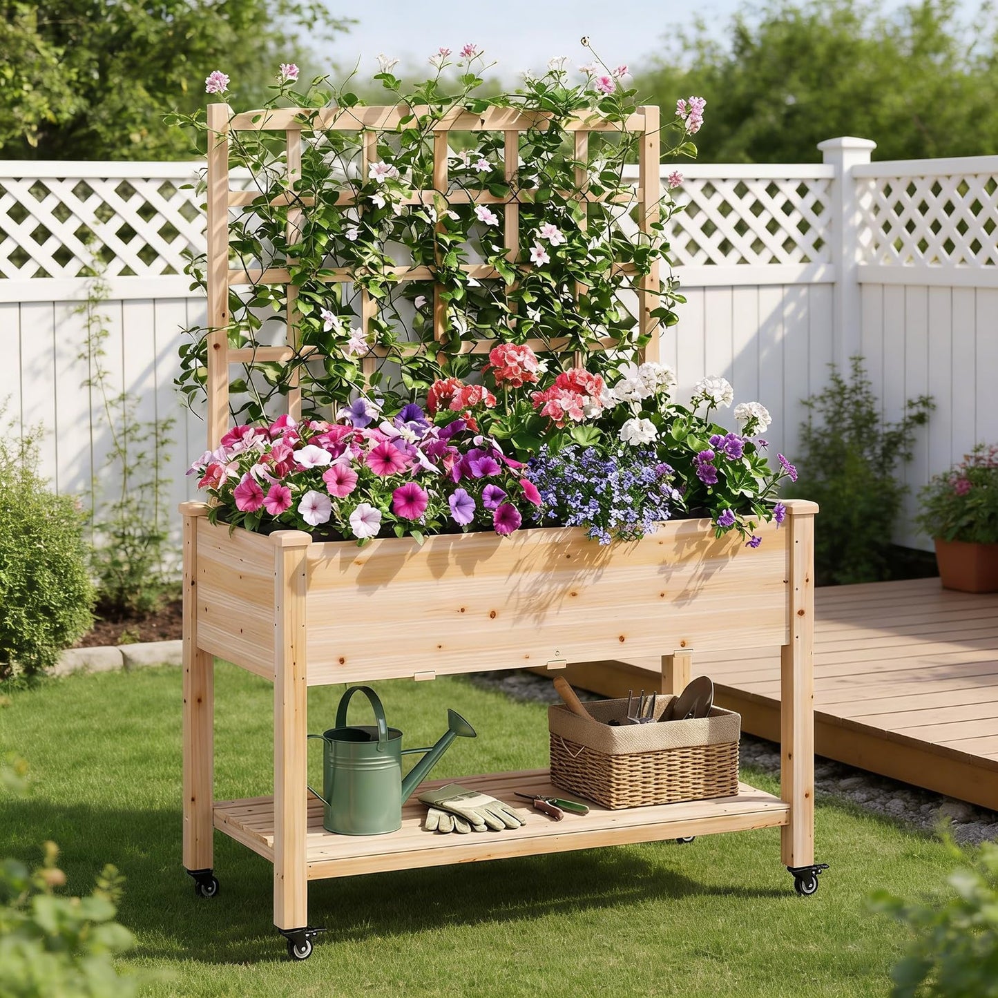 COSTWAY Wooden Raised Garden Bed with Trellis, Mobile Elevated Planter on Wheels, 285 lbs Capacity with Liner & Drainage Holes, Freestanding Outdoor Box for Climbing Plants, Vegetables, & Herbs