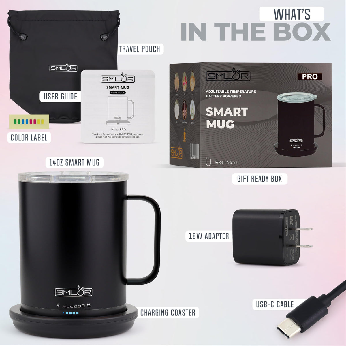 SMLDR Pro Heated Mug, 14 oz Smart Coffee Mug, Self-Heating, Adjustable Temperature, Battery Powered, Great for Coffee & Tea, Excellent Gift (Black)