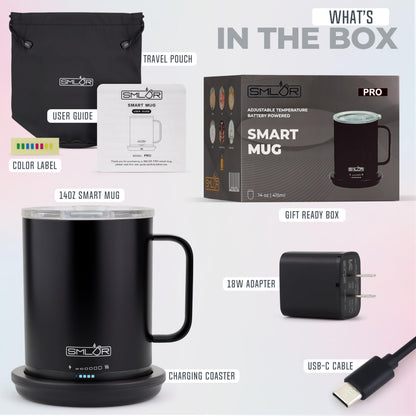 SMLDR Pro Heated Mug, 14 oz Smart Coffee Mug, Self-Heating, Adjustable Temperature, Battery Powered, Great for Coffee & Tea, Excellent Gift (Black)