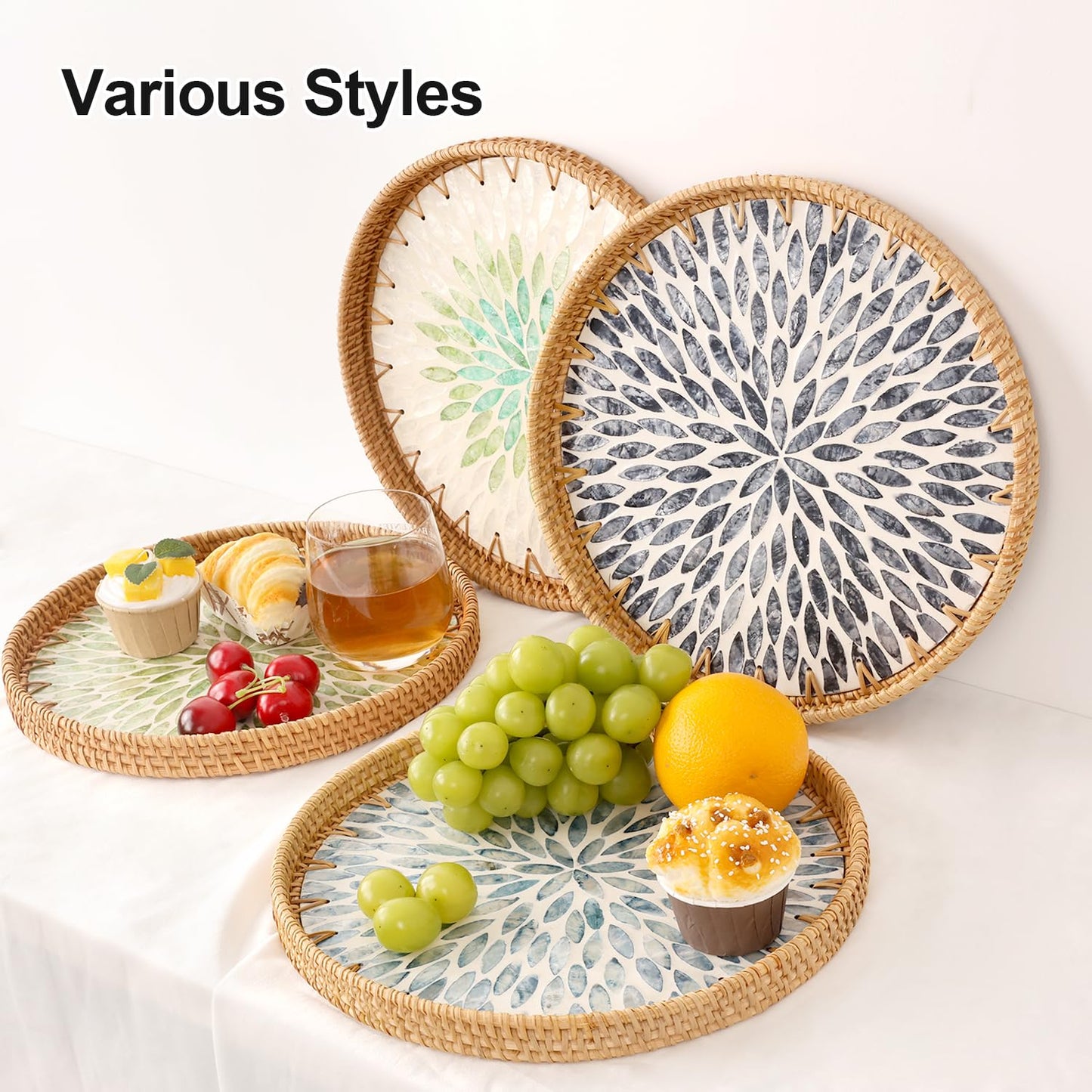 Tynulox Round Rattan Tray with Mother of Pearl Inlay, Rattan Serving Tray for Coffee, Bread, Fruits, Decorative Wicker Tray for Table Decor, Home Decor, Kitchen Island Decor (Light Blue Leaf, 11.8")