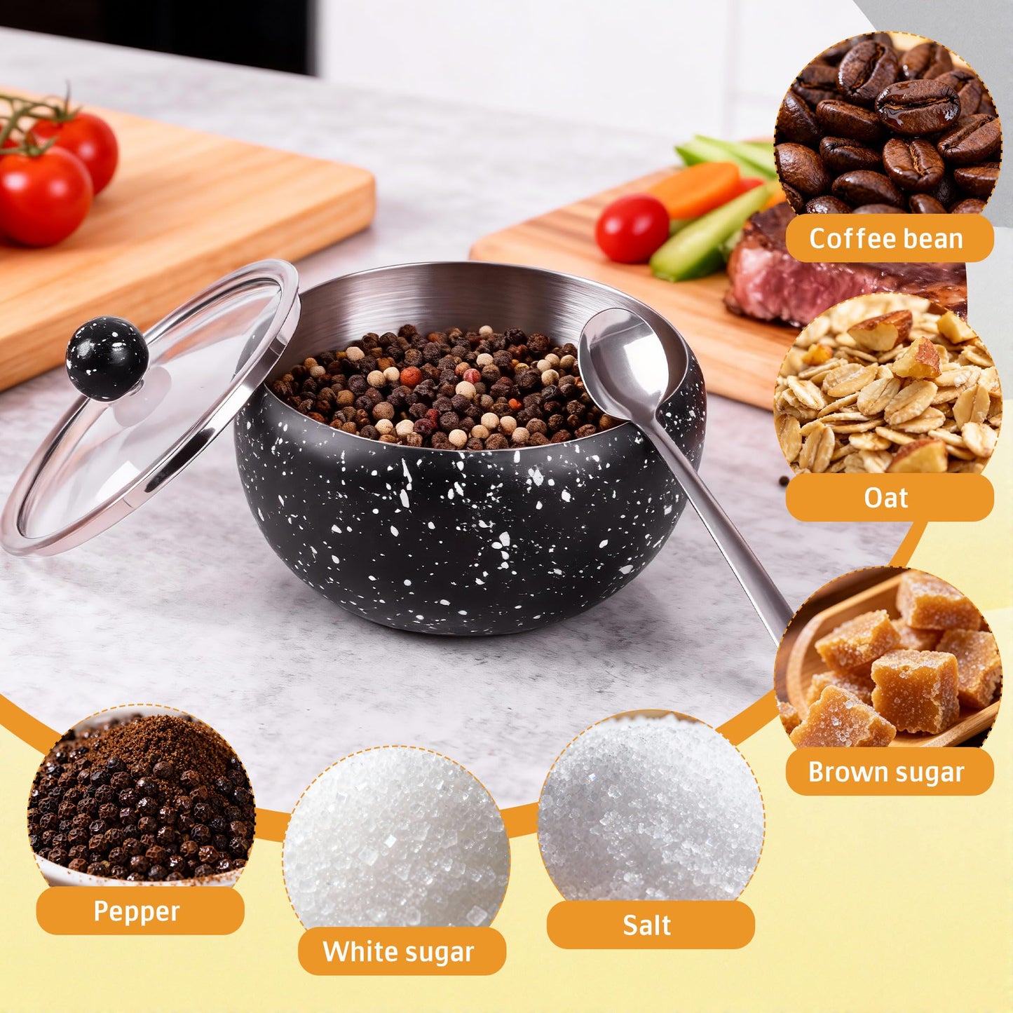 holoith Sugar Container with Glass Lid and Spoon, 16oz Snowflake pattern Stainless Steel Sugar Bowl for Coffee Bar Station Accessories Kitchen Storage for Salt, Candy, Coffee Bean (Black)