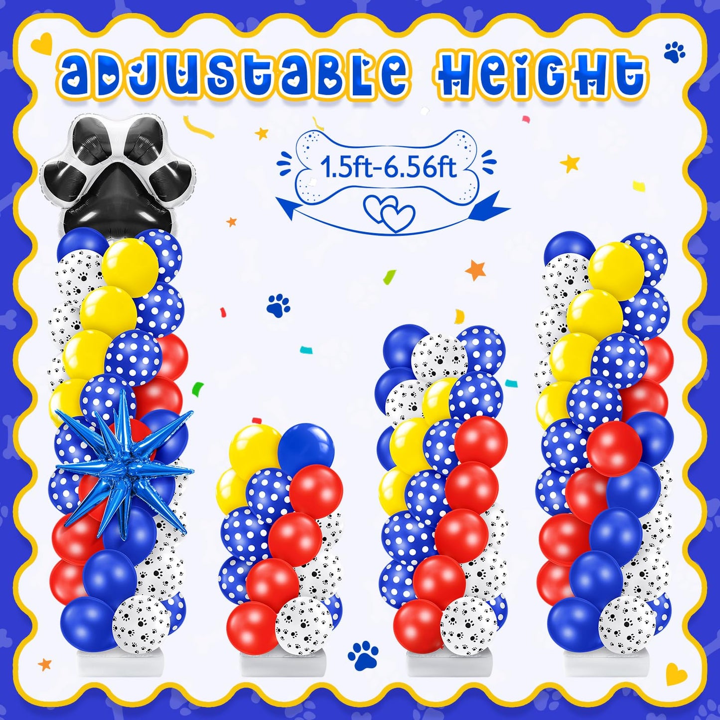 Kasyat 2 Sets Dog Paw Balloon Column Stand Kit Red Yellow Blue Paw Print Polka Dot Bone Shaped Balloon Arch Garland Kit with Stand for Dog Birthday Decorations Puppy Men