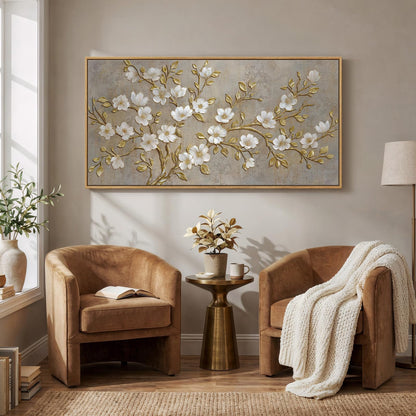 Large Framed Neutral Botanical Wall Art for Living Room, Rustic Elegant Magnolia Floral Canvas Prints Paintings, White Flower with Gold Branches Pictures for Dining Room Office Wall Decor, 60x30 Inch