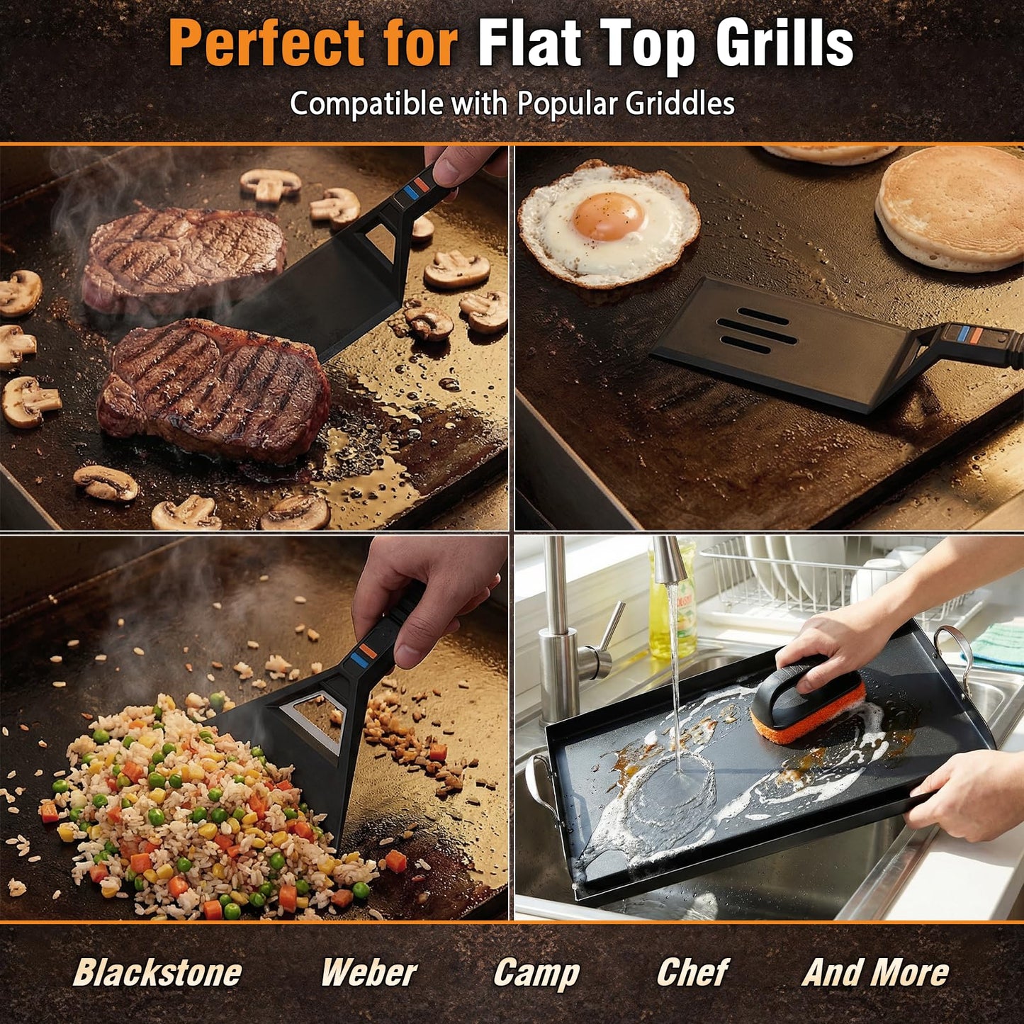 Utheer Griddle Kit, 25" x 16" Pre-Seasoned Cast Iron Flat Top Griddle with Scratch-Free Tools, Universal Grill Griddle for Gas & Charcoal Grills, Camping, Tailgating and BBQ